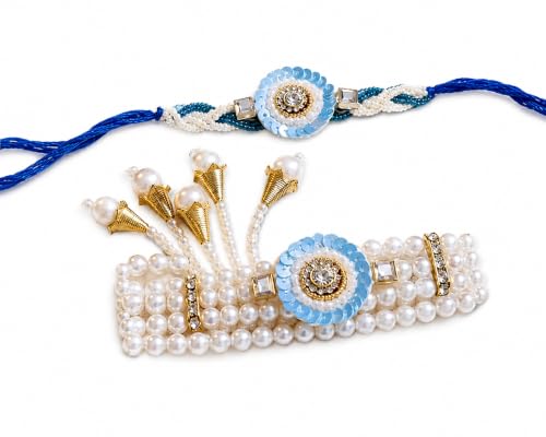 Image of Bhaiya Bhabhi Rakhi Set with Pearl Bracelet | Designer Rakhi for Brother & Bhabhi | Traditional Raksha Bandhan