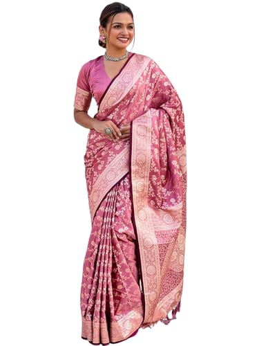 Image of Banarasi Satin Silk Zari Woven Dusty Color Saree with Unstitched Blouse Piece
