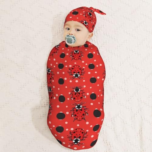 Image of Polka Dot Ladybug Newborn Swaddle Blankets Hat Sets Soft Baby Receiving Blanket Swaddle Sack for Baby Shower Infant Boy Girl Gift