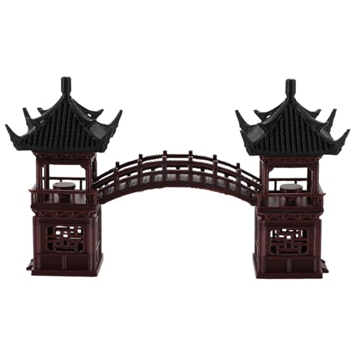 LOGOFUN Miniature Pagoda Statue with Bridge Model Tiny Pavilion Figurine for Zen Garden Bonsai Desk Dollhouse Decoration