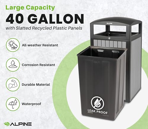Image of Alpine 40 Gallon Commercial Outdoor Trash Can with Lid - Modern Heavy Duty Large Outdoor Garbage Can with Durable Plastic Bin, Slatted Recycled Plastic Panels for Patio, Parks, Trails & Resorts (Grey)