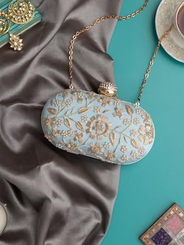 Image of THE TAN CLAN Hand Embroidered Luxury Clutch Purse for Women | Evening Hand Clutch Bag | Ladies Party Wedding Purse with Chain Strap | Ethnic Woman Handbag Gift for Birthday, Anniversary