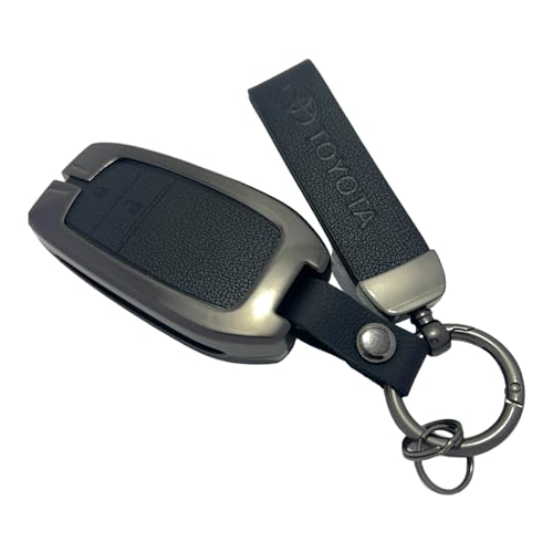 Image of Zinc Metal Alloy Leather Car Key Cover & Case Black with Keychain & Holder fit for Toyota Fortuner, Legender, Innova Crysta, HyCross, Land Cruiser, Hilux (2 BT Push Smart)