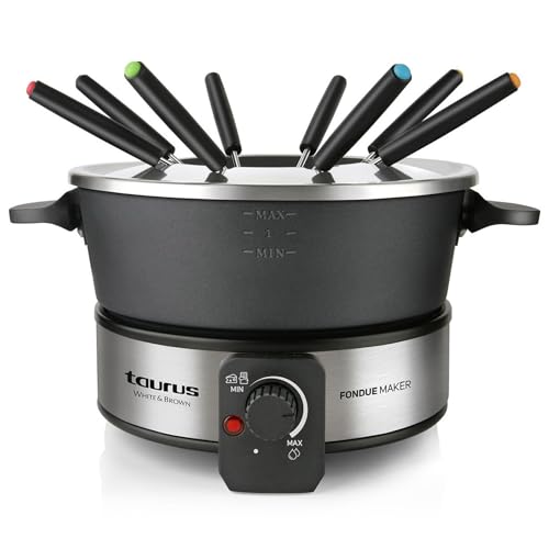 Taurus Fondue en Casa para 8 Personas, 1000 W potencia, Acero Inoxidable, Capacidad 2L, Olla Libre de PFOA, Asa de transporte, Color en Acero Inoxidable Negro, Plata- Chocolate, Queso, Caldo, y más