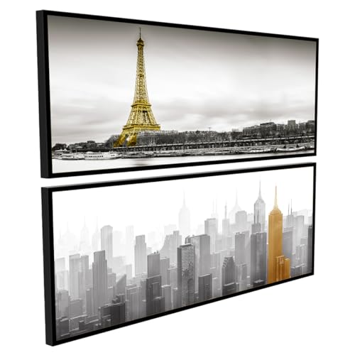 Image of PAINTINGMANTRA Art Framed Painting Eiffel Tower Paris Scene Horizontal Scandinavian Poster Print For Living Room, Decorative Home & Wall Decor - Set Of 2 (Black Frame, 8x18 Inch)