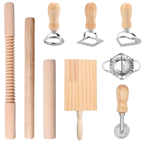 9 Pcs Pasta Making Tools Efficient Pasta Making Kit with Ravioli Stamp Cutters Rolling Pins Gnocchi Board Dough Cutter Dumpling Maker Practical Tool Set for Lovers Cooking