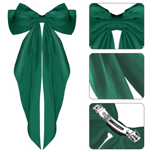 WLLHYF Big Bow Barrettes Long Tail French Ribbon Hair Pins Soft Silky Satin Hair Clip Metal Bowknot Clips 90's Accessories for Party Valentine's Day Women Girl (Green) - Image 3