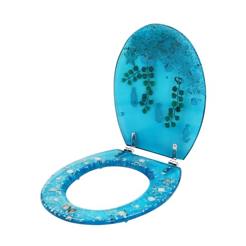 TENNIEX 19inch Elongated Resin Toilet Seat Round, Heavy Duty Toilet Seat with 3D Effects Blue Ocean for Suite for U, V and O-shaped Toilet