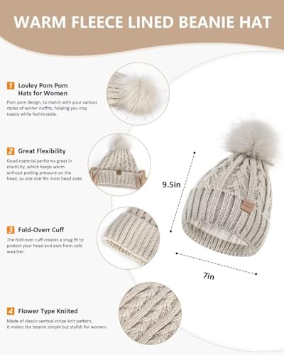 Winuesa Mütze, Schal & Handschuh-Sets für Damen, Beanie Mütze Damen Winter mit Bommel Fleece Gefütterte, Touchscreen Handschuhe Schal Wärmer Cap 3 in 1 Geschenk Set(Haferflocken)