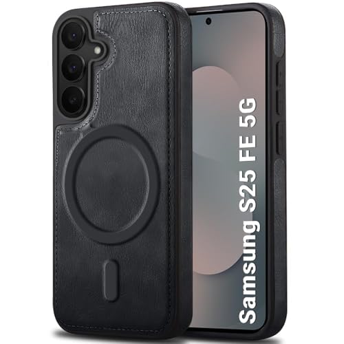 Image of TheGiftKart Genuine Leather Finish Back Cover Case for Samsung Galaxy S25 FE 5G | Raised Edges for Camera & Screen Protection | Shockproof Stunning Minimalist Design Cover (MagSafe Compatible, Black)