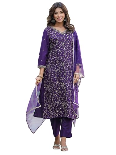 Image of Vaamsi Women's Silk Blend Floral Embroidered Straight Kurta Pant With Dupatta With Cotton Inner