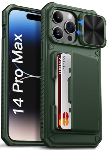 Image of Vihibii for iPhone 14 Pro Max Back Cover with Card Holder (4 Cards) [RFID Blocking] & Slide Camera Cover, Military Grade Drop Protection, Rugged Hard Back & Silicone Edge Wallet Phone Case 6.7 inch, Green
