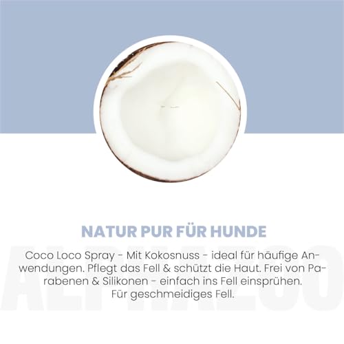 alphazoo Coco Loco Fellspray für Hunde – 250 ml Fellpflege Spray mit Sheabutter, Aloe Vera & Kokosduft – Glanz, Geschmeidigkeit & leichte Kämmbarkeit ohne Ausspülen