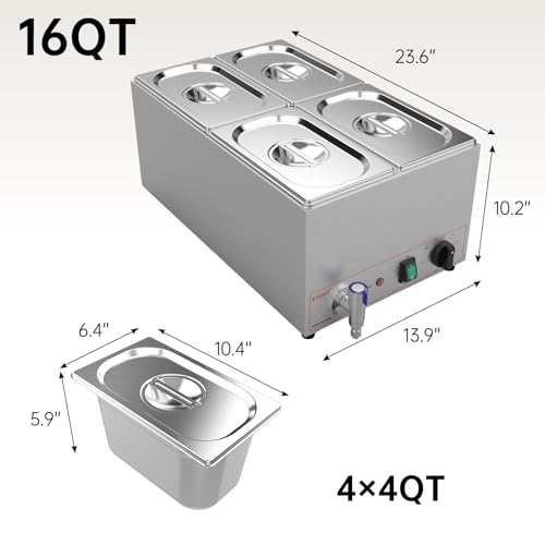 Valgus Kommerziell Edelstahl 4 Sektionen 15L Bain Marie Speisenwärmer Buffet Server mit Deckel und Wasserhahn für Haus, Catering, Restaurants – Bild 3