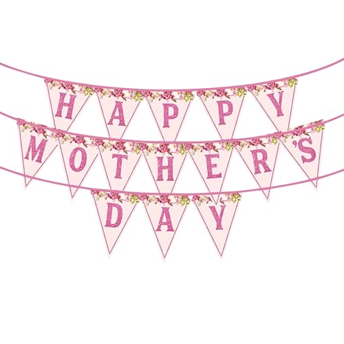 RmKbe Cartel de feliz día de la madre con flores rosas, decoración de fiesta del día de la madre, bandera rosa para fiesta del día de la madre, suministros de fiesta para el día de la madre