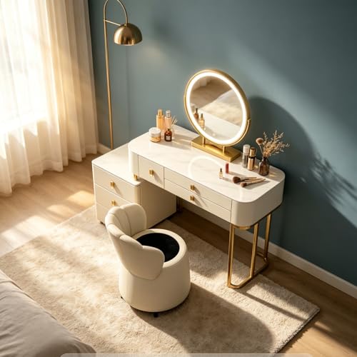 Tocador con espejo iluminado HD de 45cm, Mesa de maquillaje grande y moderna con espejo y luces, Cómoda de maquillaje con 6 cajones, taburetes de almacenamiento y gabinete lateral, blanco(L:80cm)