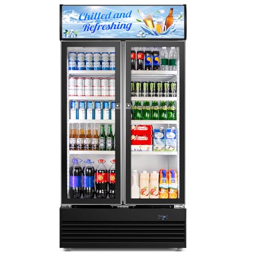Commercial Beverage Refrigerator, 40 Inch 35 Cu.Ft. Commercial Drink Fridge, Display Refrigerator with Double Glass Door, Commercial Display Fridge with 8 Adjustable Shelves, for Shop,Restaurant,Bar