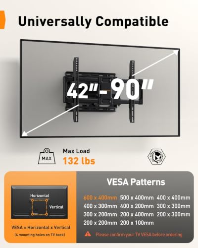 Image of Perlegear UL Listed Full Motion TV Wall Mount for 42-90 inch TVs up to 132lbs