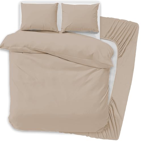 PRIME LINENS 4 Pcs Duvet Cover Set with Matching Fitted Sheet 30 cm Deep - Soft Breathable Premium Microfibre Quilt Cover Bedding Set (Beige Double)