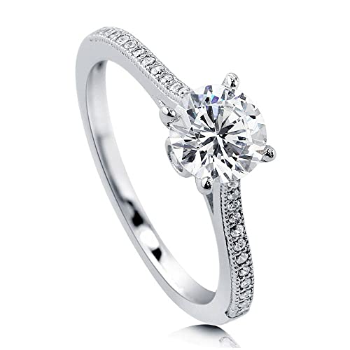 BERRICLE Sterling Silver Solitaire Wedding Engagement Rings 1 Carat Round Cut Cubic Zirconia CZ Promise Ring for Women, Rhodium Plated
