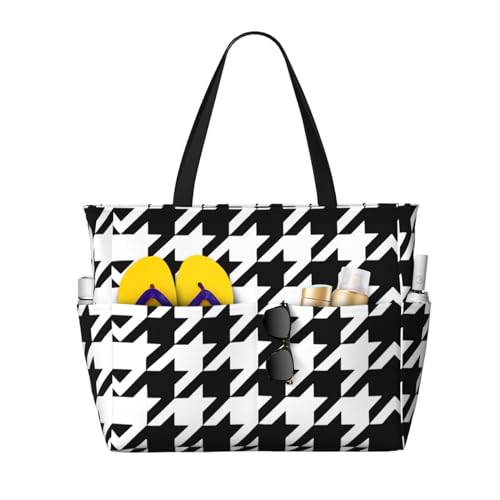 Houndstooth Black Print Roomy Beach Tote Bag For Women, Large Travel Bag For Weekend Travel,Pool