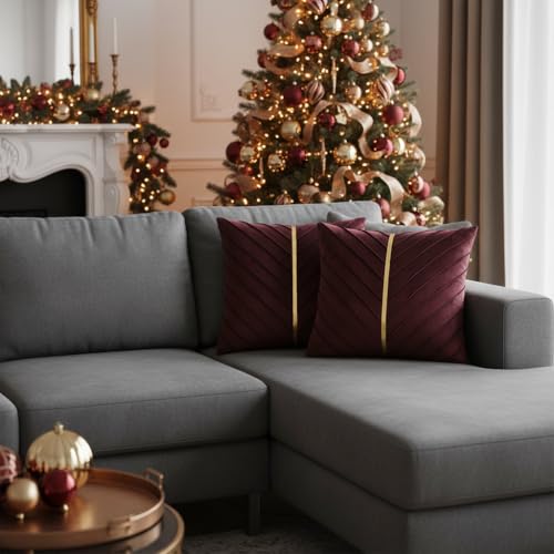 Image of Burgundy Velvet Pillow Covers 20x20 inch Pack of 2 Gold Decor