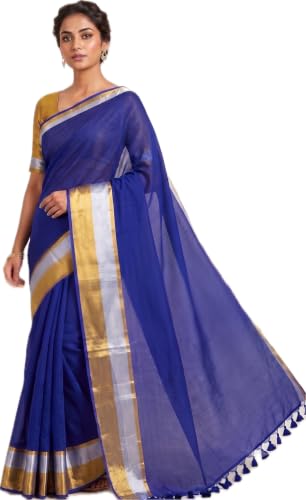 Image of Women's Mul Cotton Saree with Tassels | Soft Mulmul Saree | Woven Stripes & Zari Line | 5.5 Metres - Without Blouse