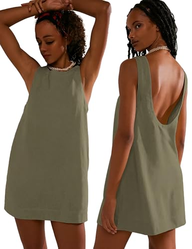 Image of VIUTIL Womens Summer Linen Mini Dress Boat Neck Low Back Sleeveless Tank Dresses with Pockets 2026 Vacation Outfits