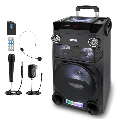 Pyle PA Speaker with 8" Subwoofer, Portable Bluetooth Speaker System with DJ Lights, USB/SD Reader, FM Radio, Microphone & Remote, Rechargeable Powered Unit for Events, Parties, Announcements & Music by Pyle - Used condition - US$62.16