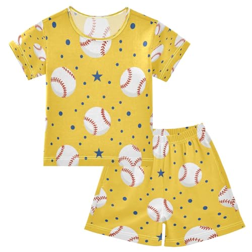 senya Short Sleeve Pajamas Sets Summer Cotton Sleepwear Baseballs Dotsstars Yellow Background
