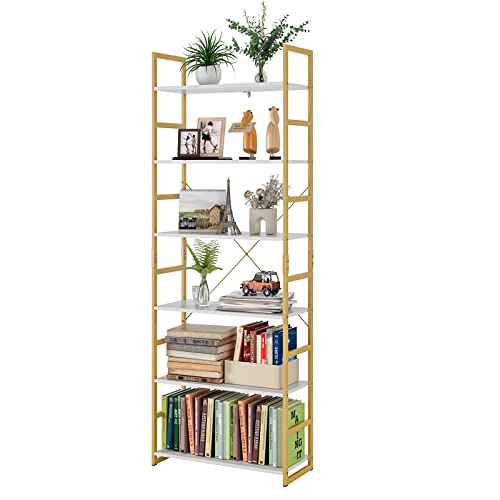 Finetones 6-Tier Bookcase, Free Standing Display Bookshelf, Storage Organizer Unit With X Crossbars, Flower Stand Plant Rack For Living Room, Kitchen, Bathroom, Home Office, White/Gold #TOP8