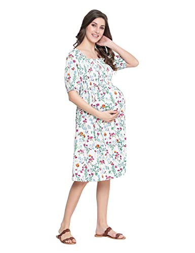 Image of oxolloxo Polished White Floral Print Ruffled Maternity Smokced Dress
