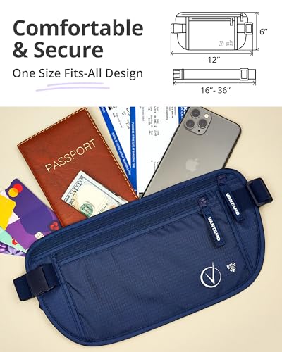 Image of Vantamo Money Belt with RFID For Men & Women, Hidden Passport Holder for Travel, 2 Compartment Travel Fanny Pack for Women Anti Theft