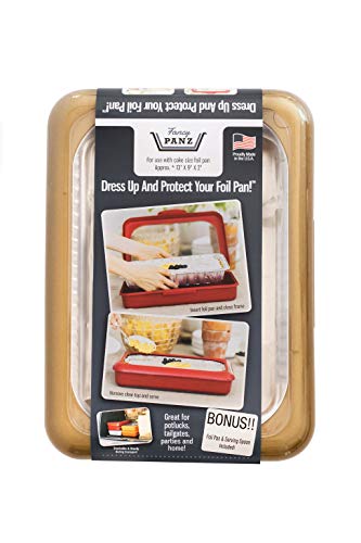 Fancy Panz Cake Pan Dress Up & Protect Your Foil Pan Made in USA, Foil Pan & Serving Spoon Included. Hot or Cold Food. Stackable for easy travel. BPA free (Gold Swirl Cake Pan)