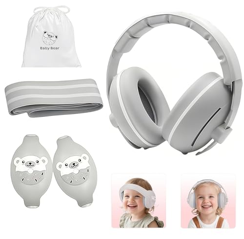 GUKOY Protezione Acustica 2 in 1 per Neonati e Bambini Piccoli Fino a 4 anni, Comode Cuffie Antirumore per Proteggere l'udito e Favorire un Sonno Migliore, Grigio