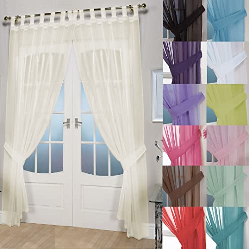 John Aird Pair Of Woven Voile Tab Top Curtain Panels. Tiebacks Included (Cream, 58" Wide x 81" Drop)