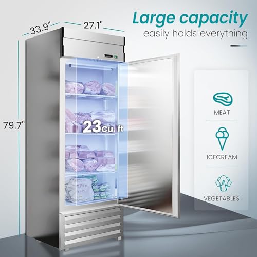 Image of 27 inch Upright Commercial Freezer with 1 Solid Door, -10℉ ~ 10℉, 23 Cu.Ft Stainless Steel Reach-in Freezer,Fan Cooling Freezer with 3 Wheels for Restaurant Bar Garage, ETL and DOE Approved