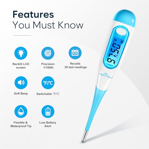 Image of Easy@Home Digital Basal Thermometer for Ovulation: Backlight LCD Display 1 /100th Degree High Precision BBT, Memory Recall, NOT Bluetooth Enabled - Scan Results with Premom Fertility Tracker App, Blue