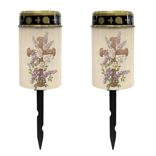 Image of Cross and Lavender Light for Prayer Cemetery Solar Lights for Grave Cemetery Decor Candle Lamp Waterproof Solar Power Light Eternal Lights for Graves Cemetery Memorial Gift 2 PCS