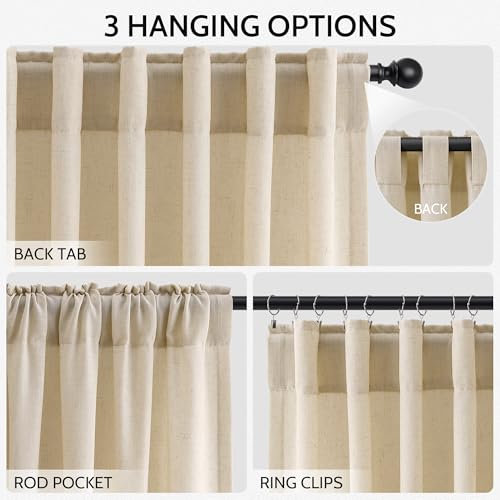 Image of Tan Linen Curtains 96 Inches Long for Living Room Rod Back Tab Vintage Rustic Farmhouse Light Filtering Curtain Burlap Textured Linen Drapes 96 Inch Dinning Room Bedroom 52x96 8FT,2 Panels