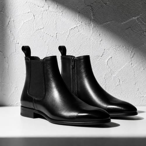 Image of Black Chelsea Boots for Men | Premium Leather Finish Ankle Boots with Side Zip & Elastic | Men's Formal Shoes, Casual Boots, Office Wear Stylish High Ankle Boot Shoes