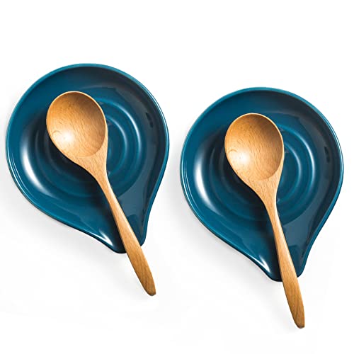 Image of LAUCHUH Spoon Rest for Stove Top, Ceramic Spoon Holder for Kitchen Counter Large Spatula Holder for Ladles, Tongs, Farmhouse Kitchen Decor, Heat-Resistant, Set of 2, 5 inch, Blue