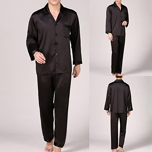Pajamas for Men Silk Long Sleeve Button Down Sleep Shirts and Pant 2 Piece Pajama Set Loose Lounge Nightwear Sets2