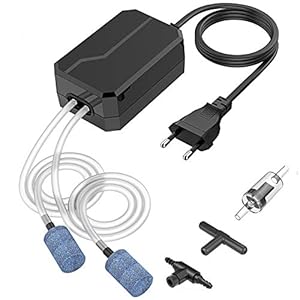 OMORC Bomba de Aire para Acuarios,10-60L, Bomba de Oxígeno para Agua Dulce / Salada ,Peceras,Estanques, Flujo Ajustable, Instalación Fácil, 2 Salidas de Aire, Flujo 2 en 1, 1000CC / MIN * 2 Negro