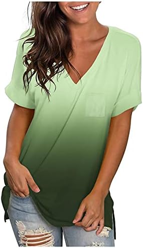 Women’s V Neck T Shirts Rolled Short Sleeve Side Split Summer Tops Loose Fit Casual Blouse Trendy Tshirt with Pocket
