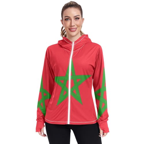 Morocco Flag Womens UPF 50+ Sun Protection Hoodie Jacket Lightweight Long Sleeve Sun Shirt with Pocket Multicoloured