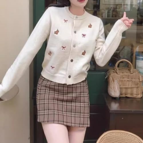 Button Down Cardigan for Women, Long Sleeve Open Front Knit Crop Tops Sweaters with Dog Bowknot Pattern, Cutecore3
