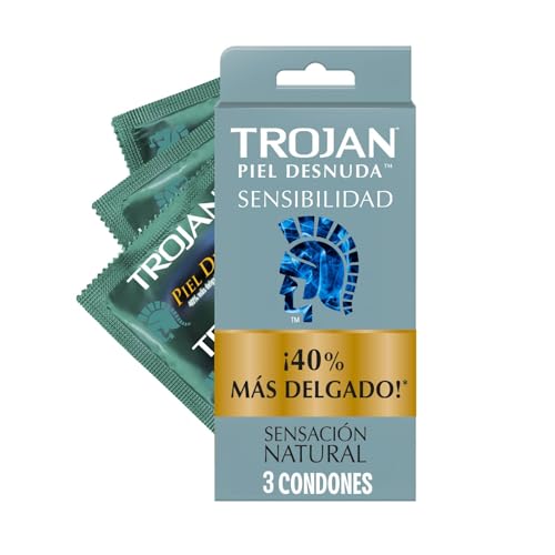 Trojan Condones Piel Desnuda Sensibilidad Caja con 3 piezas. 40% más Delgado,...