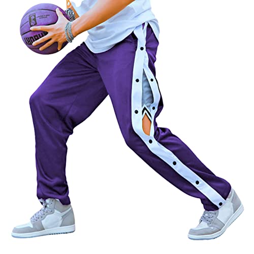 Deyeek Men's Tear Away Basketball Pants High Split Snap Button Casual Post-Surgery Sweatpants With Pockets Purple #TOP3