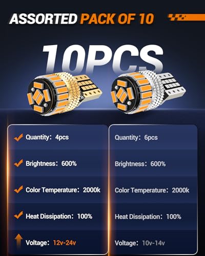 Image of SEALIGHT 194 LED Bulb 2000K Amber 168 T10 2825 W5W 600% Brightness Wedge Interior Car Bulbs Replacement for License Plate Lights Dome Map Door Courtesy Trunk Parking, 10 PCS